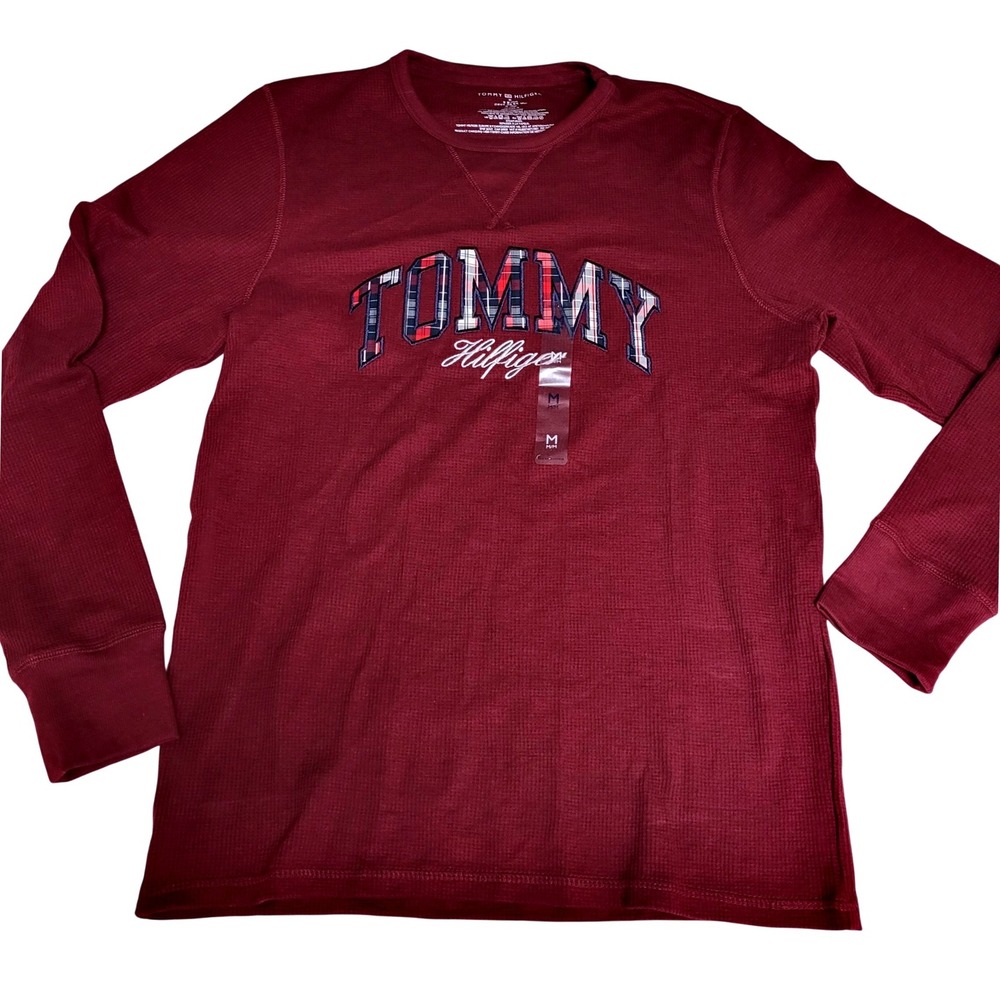 Tommy Hilfiger Mens Waffle Knit Thermal Long Sleeve Sleep Burgundy Plaid M